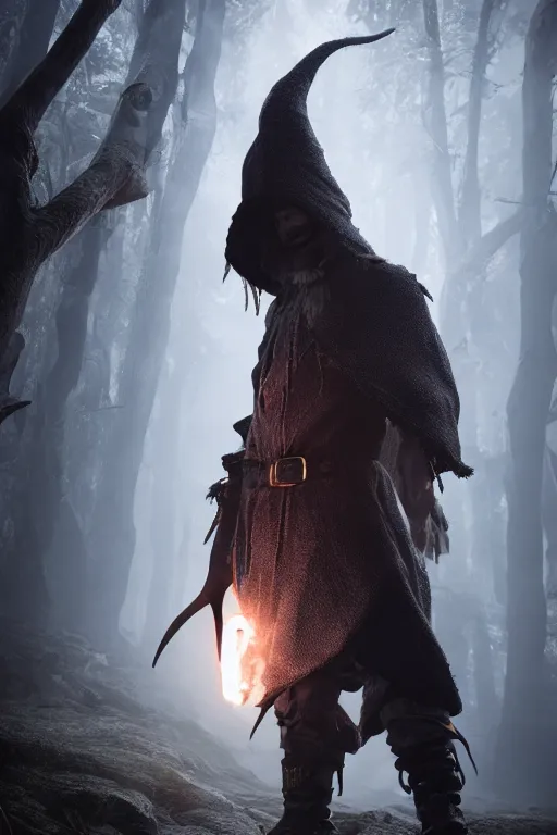 Image similar to highly detailed full body character art of a high fantasy cyclops wizard eyes covered by a pointy mage hat, full body, highly detailed, photo realistic, dark fantasy atmosphere, foggy, 8 k, octane render, unreal engine