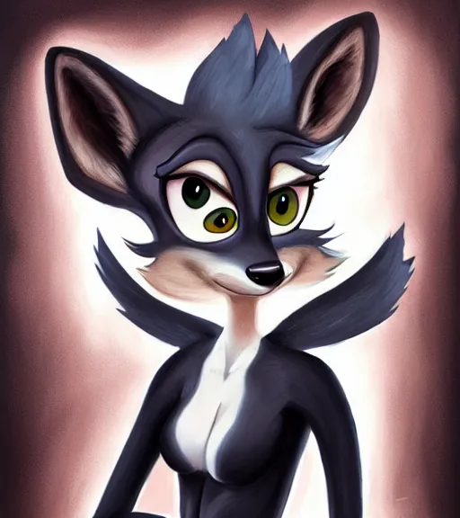 Image similar to full body oil painting of anthromorphic furry female wolf, in style of zootopia, female fursona, furry, furaffinity, 4 k, deviantart, furry art, fursona art, wearing black business suit, business suit, wolf fursona, expressive feminine face, female,