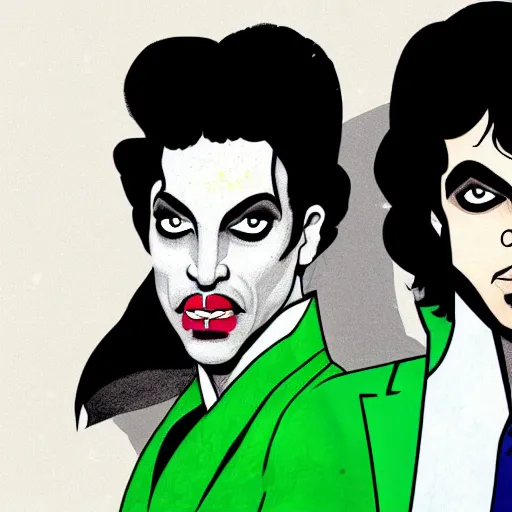 Prompt: an illustration of prince as two face. half his face is white with green hair.