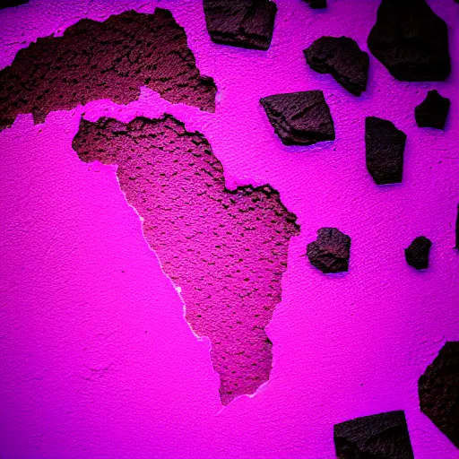 Prompt: statue!!!, purple shattered paint!, glowing lava!!!, (((conglomerate!, slush))), abstract!, black backdrop!, 4k!, award-winning photo!!!!, 33mm!