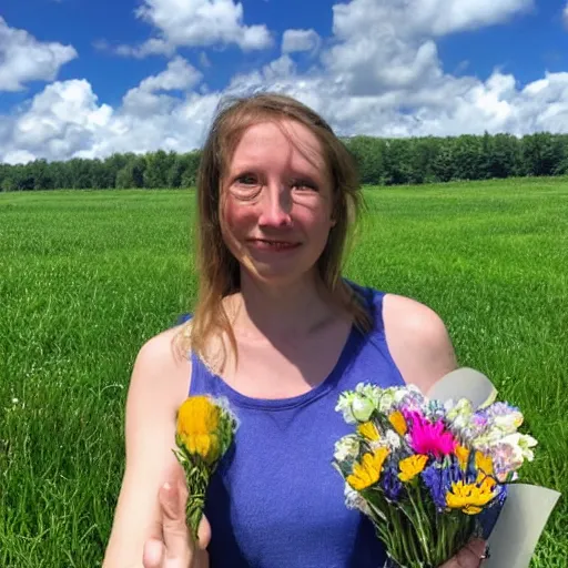 Prompt: harriet davenport holding flowers with a lot of animals gathered around her green open grassy plains background slightly cloudy blue sky clear weather