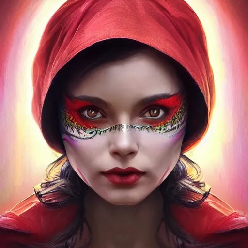 Prompt: Beautiful face Portrait of Little Red Riding Hood with a rainbow panther, face painting, dramatic lighting, intricate, wild, highly detailed, digital painting, artstation, concept art, smooth, sharp focus, illustration, art by artgerm and greg rutkowski and alphonse mucha, footage from space camera