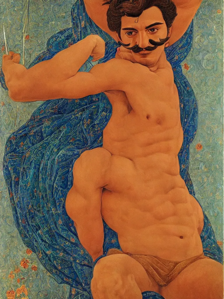 Image similar to portrait of a 20 years old muscular persian iranian wrestler handsome man flexing and posing with a mustache by victor Nizovtsev and Botticelli
