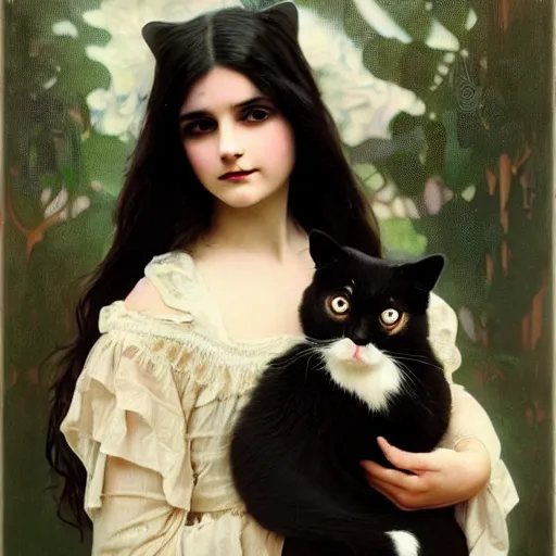 Image similar to baby - face goth girl with long dark hair parted sideways thick eyebrows and dark eyes, she is holding a cat in her arms, by juan villafuerte, greg rutkowski and alphonse mucha, pexels contest winner, high quality photo, rtx, hd