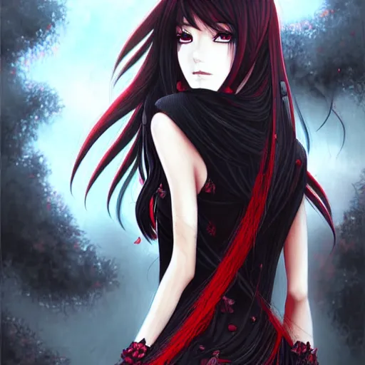 Image similar to beautiful seductive female goddess, in the rain, highly detailed, painting, dark red and black color palette, intricate, high quality anime artstyle, in the style of sana takeda