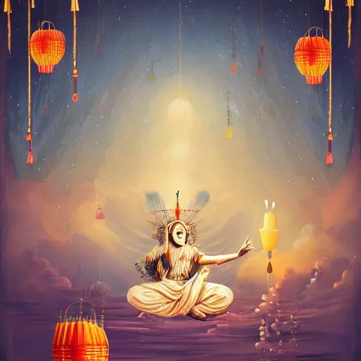 Image similar to painting of a god of wind enjoying his heavenly palace, decorated with windchimes and paper lanterns, stunning nature in background, cinematic