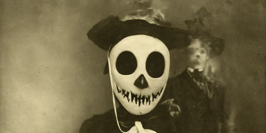 Image similar to a portrait photograph of a victorian wearing a scary vintage halloween mask, 1 9 0 0 s picture