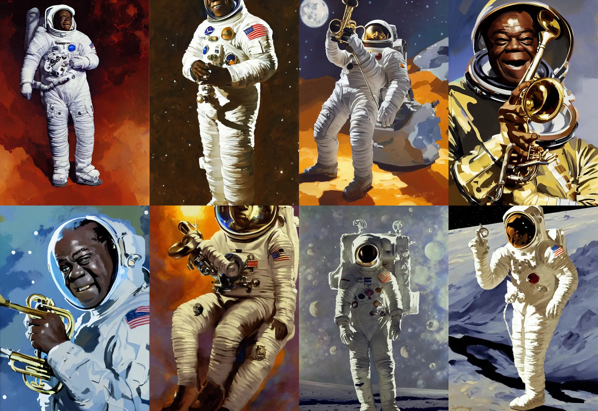 Image similar to a portrait of louis armstrong wearing a space suit on the moon, ( ( ( trumpet ) ) ), by greg manchess and john singer sargent and jonathan yeo, dramatic lighting, highly detailed digital painting