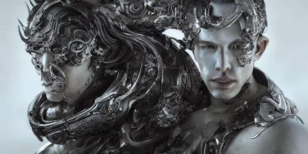 Image similar to hyper realistic photography of a stunningly beautiful cyborg male, in the style of beth cavener, jin kagetsu,, and wlop, highly detailed, intricate filigree,, masterpiece, award winning, sharp focus, concept art, ringflash lighting, ambient lighting, octane render, 8 k, artstation