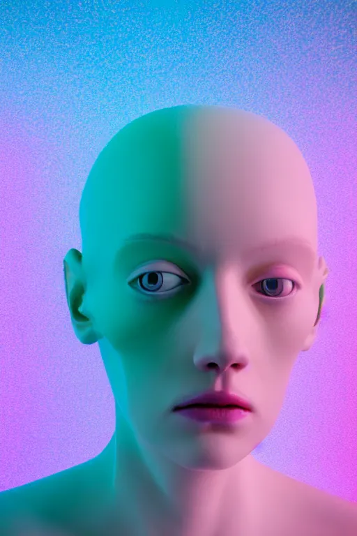 Image similar to high quality pastel coloured film close up photograph of a model android in an icelandic black rock!! environment in a partially haze filled dreamstate world. three point light, rainbow. photographic production. art directed. pastel colours. volumetric clouds. pastel gradient overlay. waves glitch artefacts. extreme facial clarity. 8 k. filmic.