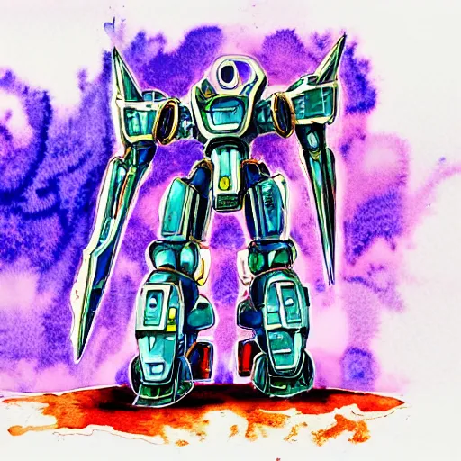 Image similar to an intricate water colour painting of a giant anime robot with rounded and circular parts