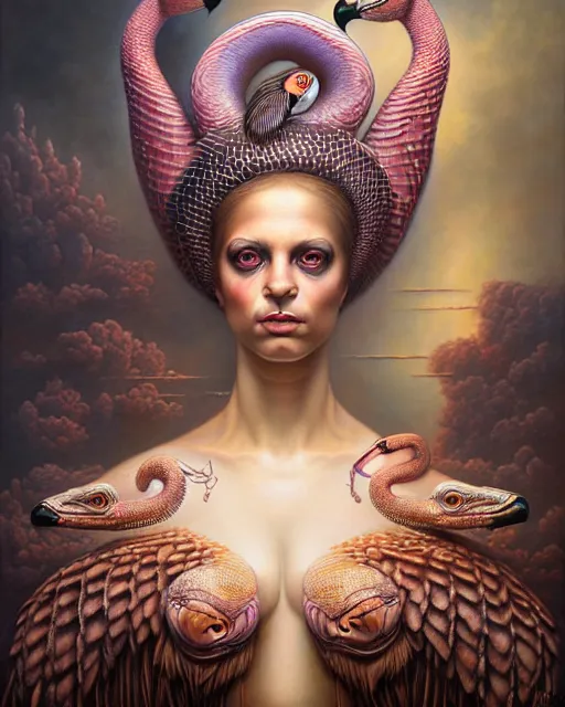 Image similar to a detailed portrait of dreampunk flamingo python hybrid mix goddess by tomasz alen kopera and peter mohrbacher