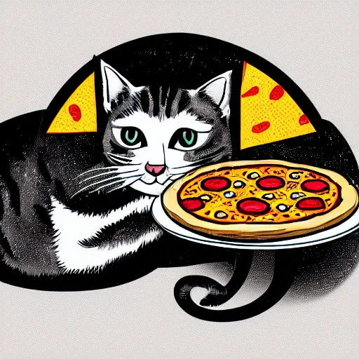 Prompt: cat eating pizza, vintage vector illustration