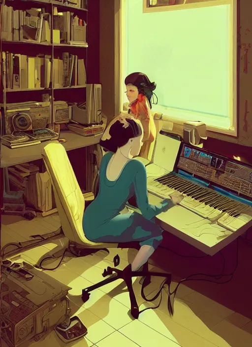 Image similar to poster artwork by Michael Whelan, Bob Larkin and Tomer Hanuka, Karol Bak of musical hero Bjork, sitting at her laptop, recording a new song, simple illustration, domestic, nostalgic, from scene from ghibli, clean