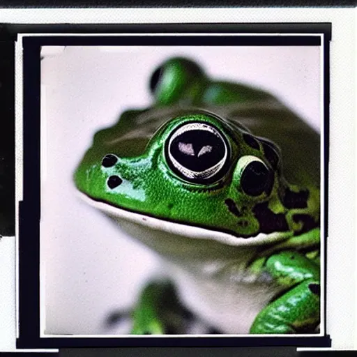 Prompt: a polaroid photo of a frog wearing headphones