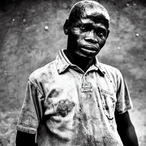 Image similar to black and white photo, portrait of Congo mineworker by Stephan vanfleteren, realistic, Leica, medium format, cinematic lighting, parallax, high resolution,