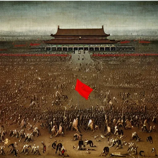 Image similar to tiananmen square tank man painted by hieronymus bosch, high quality, high resolution