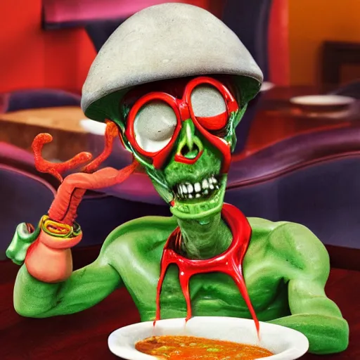 Prompt: a modernized alien enjoying himself a bowl of split pea mushroom soup a 5 star restaurant in the bronx, photorealistic, highly detailed, photography, refined spontaneity