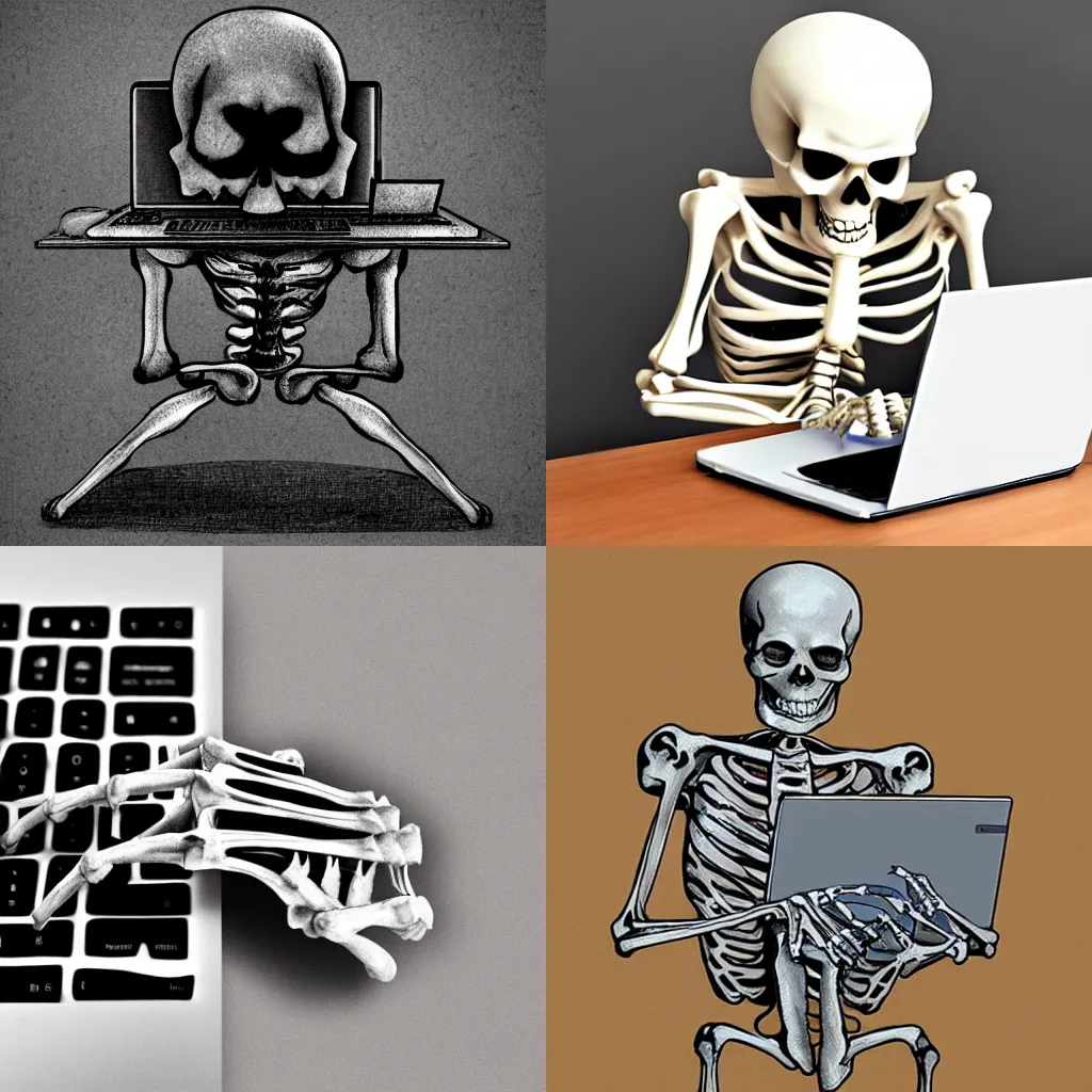 Prompt: skeleton using a laptop