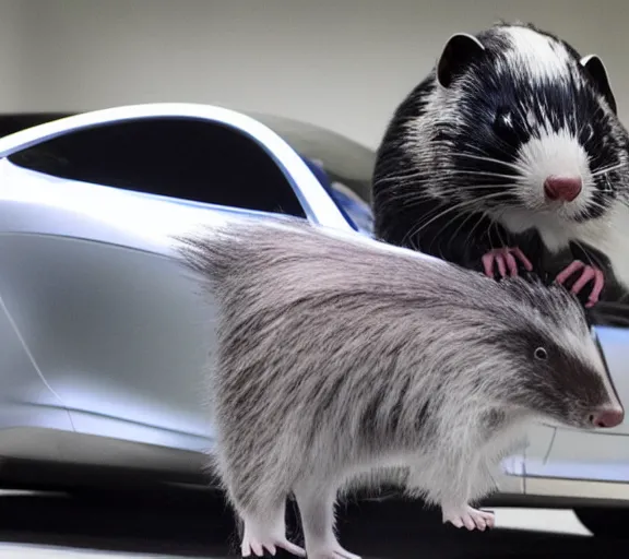 Image similar to hybrid elon musk and skunk animal, closeup detailed, tesla car, studio photo