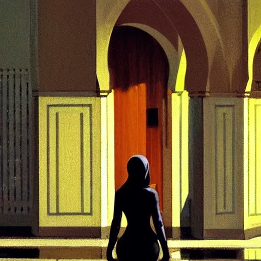 Image similar to action moment, beautiful woman portrait, courtyard, capital, cyberpunk mosque interior, control panel, watcher, omniscient, tech noir, wet reflections, impressionism, atmospheric, ambient, speed painting, edward hopper, syd mead