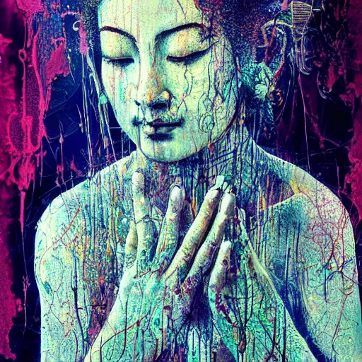 Prompt: contented female bodhisattva, praying meditating, realism, elegant, intricate, close up, portrait photograph by Carne Griffiths and David Cronenberg