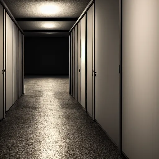 Prompt: backrooms monster lingering around the corner. 8 k render. photorealistic.