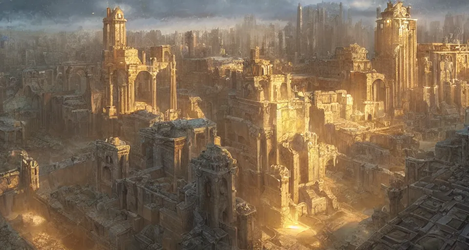 ancient city of atlantis with big buildings in gold, | Stable Diffusion