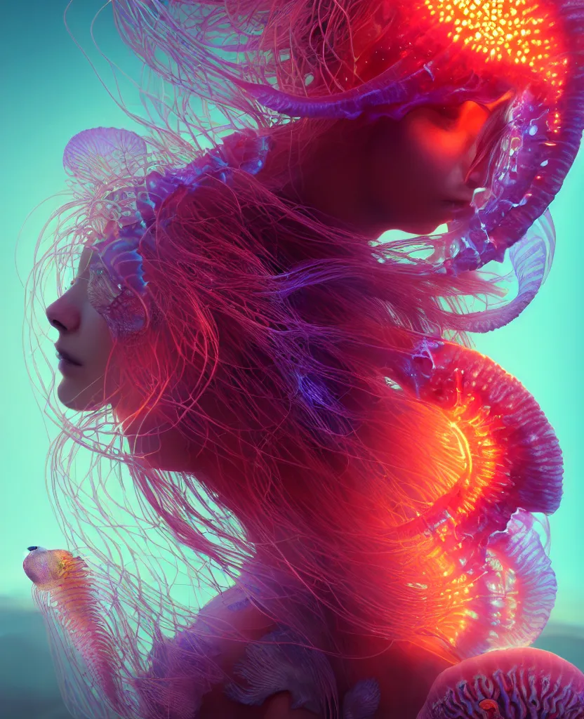 Image similar to goddess close-up portrait. orchid jellyfish phoenix head, nautilus, skull, betta fish, bioluminiscent creatures, intricate artwork by Tooth Wu and wlop and beeple. octane render, trending on artstation, greg rutkowski very coherent symmetrical artwork. cinematic, hyper realism, high detail, octane render, 8k