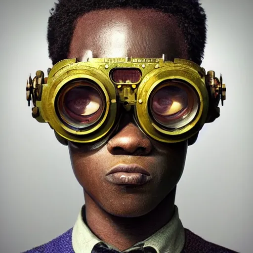 Prompt: colourful vfx portrait - art of a nigerian boy wearing steam punk goggles, art by utagawa kunisada & james jean, volumetric light, symmetrical, ray tracing, unreal engine, octane 3 d render, sharp, detailed, digital render, illustration, highly detailed, intricate detail, pinterest, behance, art station,