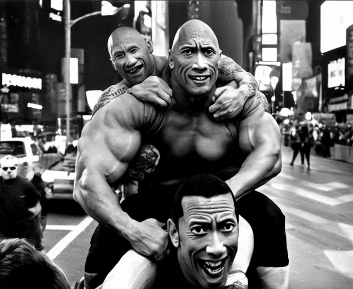 Image similar to Dwayne the Rock Johnson riding on the back of Adam Sandler, doing Methamphetamine at Times Square, photograph by Alfred Eisenstaedt, 4K, dramatic lighting; 4K 8K