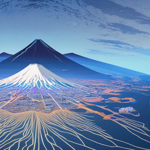 Prompt: a highly detailed matte painting of retro futurist mount fuji hosting the olympics, aerial photography, ultrawide lens, by dan mumford, yusuke murata, makoto shinkai, ross tran, cosmic, heavenly, god rays, intricate detail, cinematic, 8 k, cel shaded, unreal engine, featured on artstation, pixiv