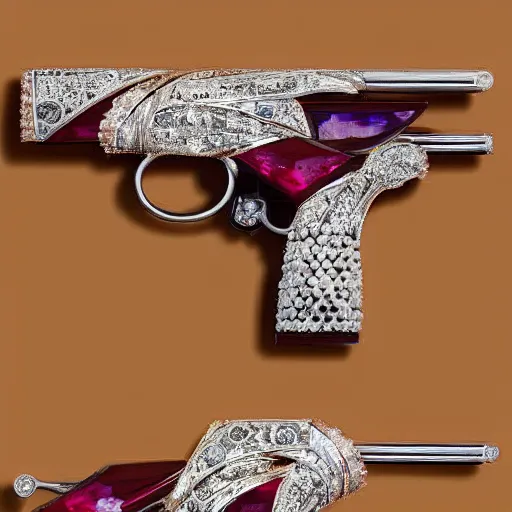 Prompt: an elegant set of dueling pistols decorated made from from giant carved rubies, diamonds and emeralds