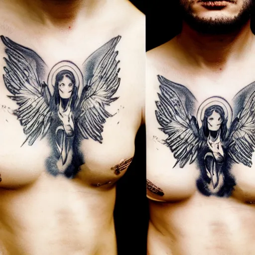 Prompt: beautiful androgynous fallen angel with tattoos on his body being cast from heavens, intricate, hd, high detailed, 4 k,