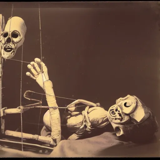 Prompt: female alive, stitchface, creepy marionette puppet, one beside the other with one disassembled, horrific, unnerving, clockwork horror, pediophobia, lost photograph, dark, forgotten, final photo found before disaster, human laying unconscious in the background, polaroid,