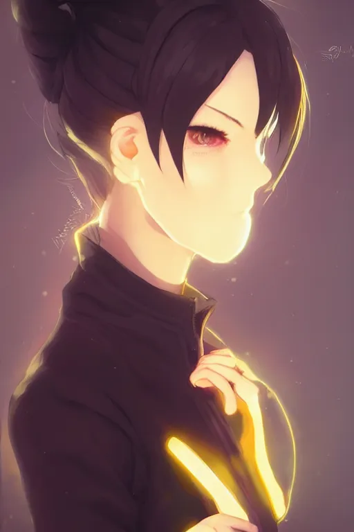 Prompt: black ponytail hair, pale woman in a black zipper jacket, yellow eyes, by artgerm, hair tied in a ponytail, white backdrop, soft lighting, night scene, by greg rutkowski makoto shinkai takashi takeuchi