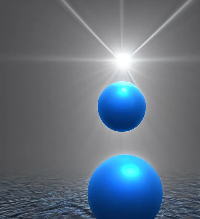 Image similar to a blue ball in water + god rays + dramatic lightning + backlit + studio light + specular highlights + ambient occlusion + global illumination + bump map + reflective + caustics + refractive + unreal engine 5 + DOF + sharp focus