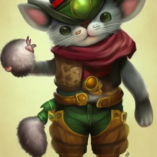 Image similar to grey american shorthair cat as teemo from league of legends, digital painting, artwork by ross tran