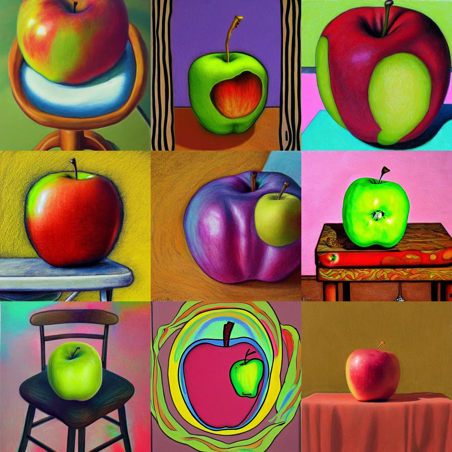 Prompt: an apple on a chair, psychedelic pastel artwork, hyperrealism, folk art, extremely detailed,