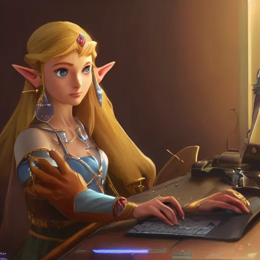 Prompt: Princess Zelda, sitting at a desk programming on a computer, close-up shot, elegant, realistic character concept, high fantasy, light atmosphere, golden ratio, cinematic lighting, hyperdetailed, high resolution, insanely detailed and intricate, artstation, Marc Simonetti, Greg Rutkowski, octane render, 8k