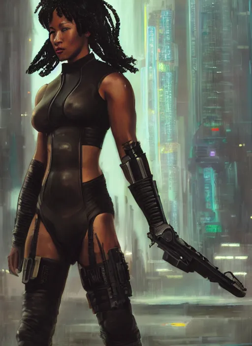 Prompt: black chun li wins. cyberpunk police trooper in a military vest ( blade runner 2 0 4 9, cyberpunk 2 0 7 7 ). orientalist portrait by john william waterhouse and james gurney and theodore ralli and nasreddine dinet, oil on canvas. cinematic, hyper realism, realistic proportions, dramatic lighting, high detail 4 k