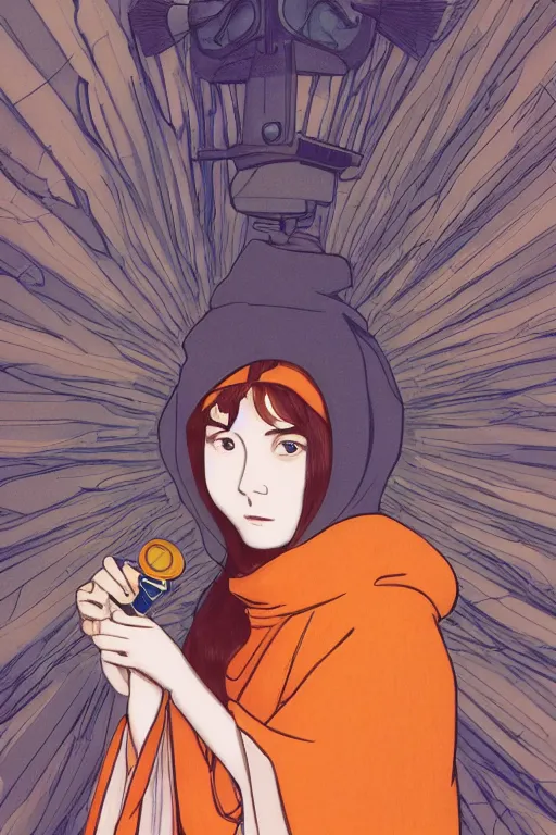 Prompt: a Girl in a large hood crouching on the ground ,orange slices,album,Microphone,Visual Communication Design by studio ghibli and mucha ,Refreshing colour