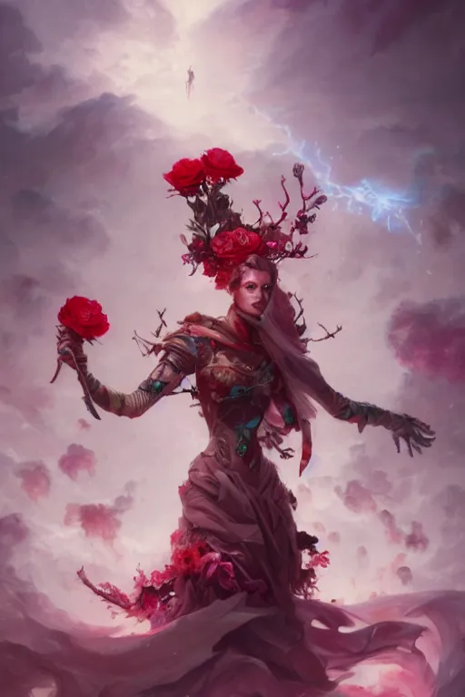 Image similar to beautiful girl necromancer covered with blood heaven clouds and storm, 3 d render, hyper realistic detailed portrait, holding magic flowers, scifi, fantasy, hyper detailed, octane render, concept art, peter mohrbacher, artgerm, ruan jia, wlop