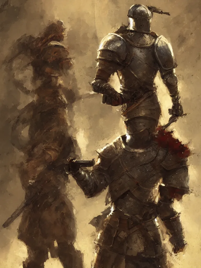 Prompt: A medieval knight holding a gun, painted by Craig Mullins, trending on ArtStation