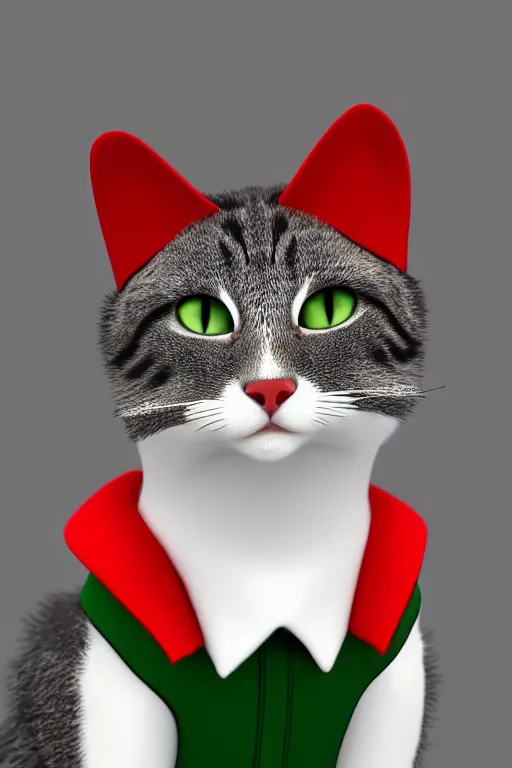 Image similar to a cat wearing a red and green formal overcoat, hyperrealistic, concept art, octane render, unreal engine 5, realistic and defined face, profile picture, digital art, pixar and disney, symmetrical, high quality, highly detailed, high coherence, path traced, house background, low contrast, beautiful