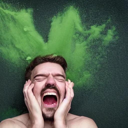 Prompt: man covered in green powder laughing hysterically, hyper detailed, award winning photograph, 8k image