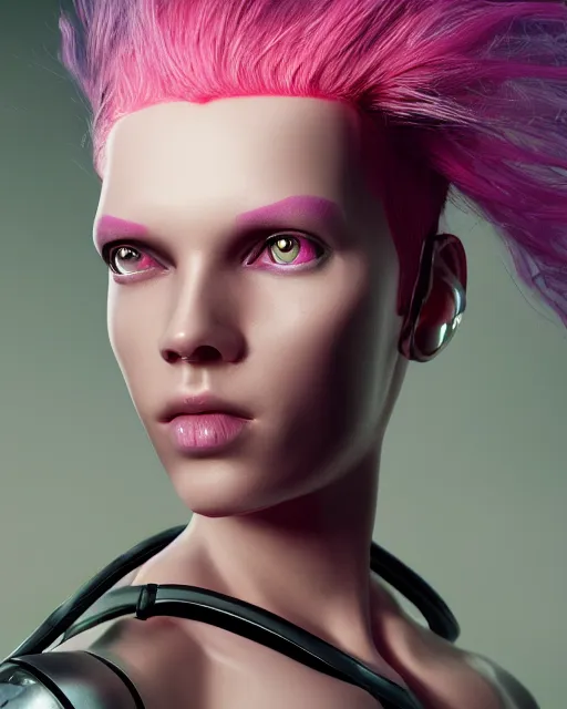 Image similar to portrait of a beautiful french woman with pink hair as a cyberpunk cyborg half robot, skin open to reveal wires and electronics, sci - fi, missing panels, intricate abstract upper body intricate artwork, concept art, octane render, deviantart, cinematic, key art, hyperrealism, iridescent accents, portrait photograph, nikon 3 5 mm, photograph by greg rutkowski