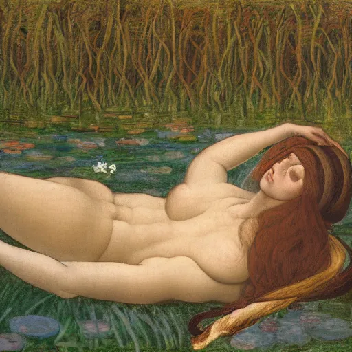 Image similar to ophelia, laying flat submerged in water, close up portrait, under the river amongst the reeds, fully covered in robes and lake foliage, weeds reeds, fully clothed in flowing medieval robes, by botticelli devinci rosetti and monet, 8 k