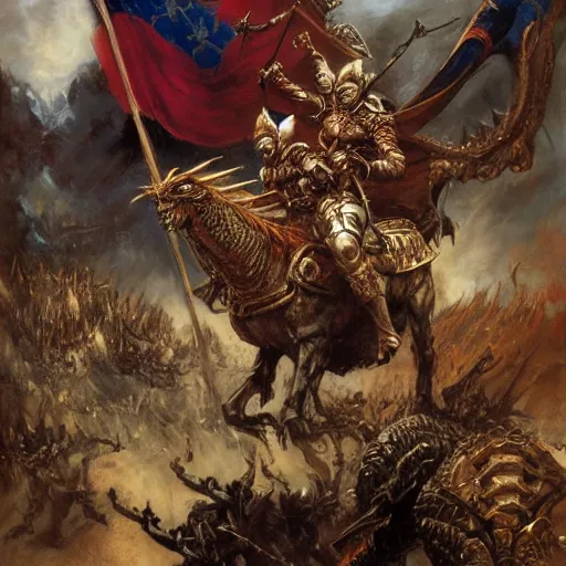 Image similar to an army of draconians riding beasts with flag bearers and trumpeters, intricate detail, royo, vallejo, frazetta, giger, whealan,