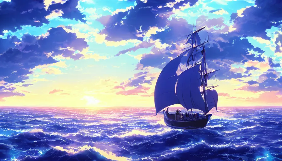 Prompt: one piece ship sailing, dark blue storm sky, sun sunset, with blue light piercing through clouds, makoto shinkai, royal blue colors, lighting refraction, volumetric lighting, pixiv art, highly detailed, anime art, symmetrical, wlop, anime art